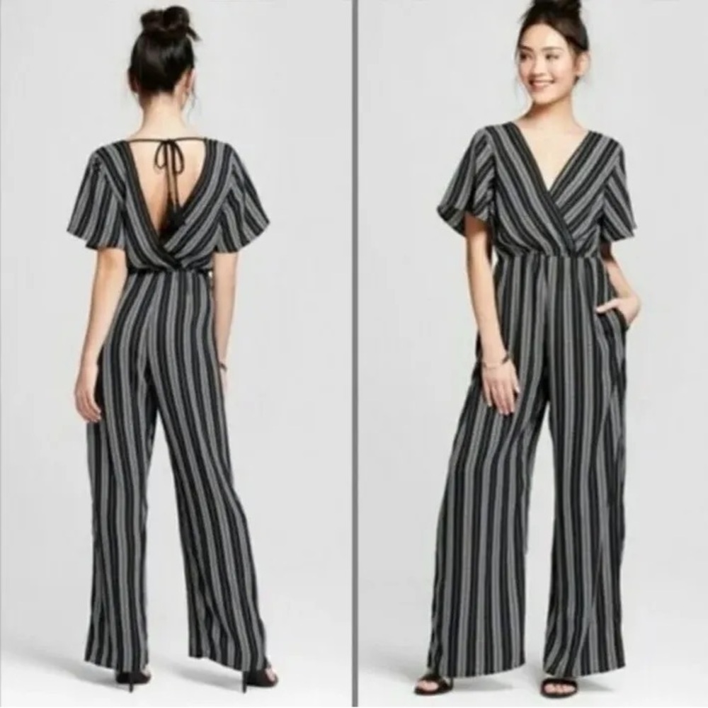 Xhilaration Black & White Striped Wide Leg Jumpsuit Size - Size Large